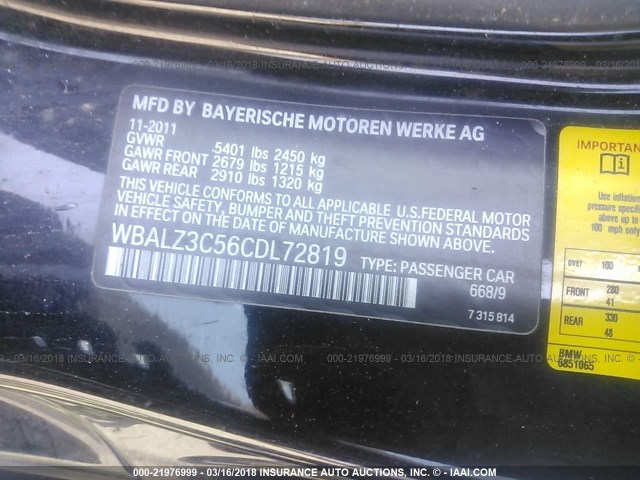 WBALZ3C56CDL72819 - 2012 BMW 650 I BLACK photo 9