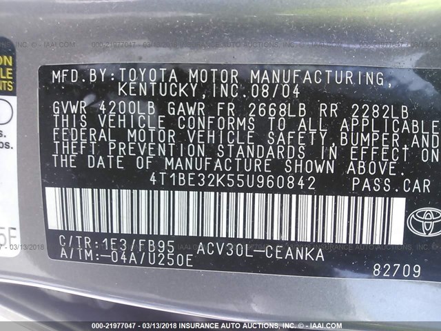 4T1BE32K55U960842 - 2005 TOYOTA CAMRY LE/XLE/SE GRAY photo 9