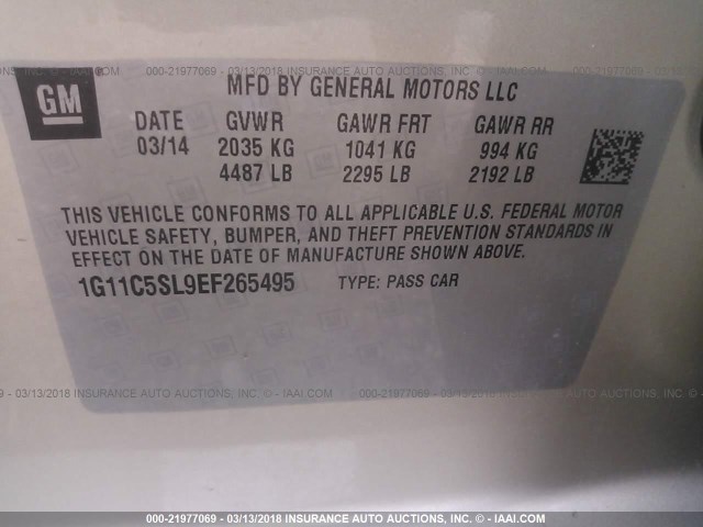 1G11C5SL9EF265495 - 2014 CHEVROLET MALIBU 1LT TAN photo 9