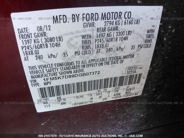 1FM5K7D89DGB07372 - 2013 FORD EXPLORER XLT MAROON photo 9