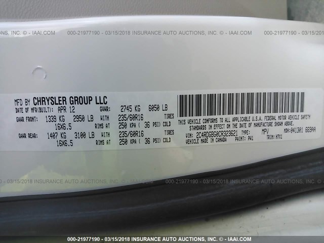 2C4RDGBG0CR323621 - 2012 DODGE GRAND CARAVAN SE WHITE photo 9