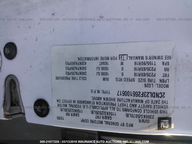 2CNDL23F266100617 - 2006 CHEVROLET EQUINOX LS WHITE photo 9