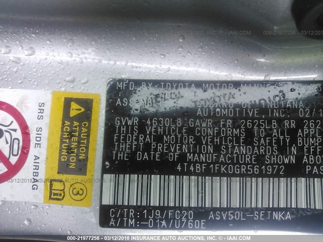 4T4BF1FK0GR561972 - 2016 TOYOTA CAMRY LE/XLE/SE/XSE GRAY photo 9