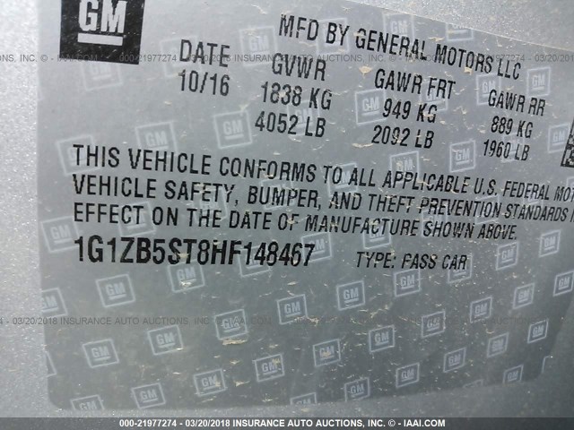 1G1ZB5ST8HF148467 - 2017 CHEVROLET MALIBU LS ვერცხლისფერი ფოტო 9