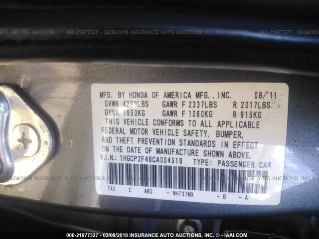 1HGCP2F46CA004519 - 2012 HONDA ACCORD LXP GRAY photo 9