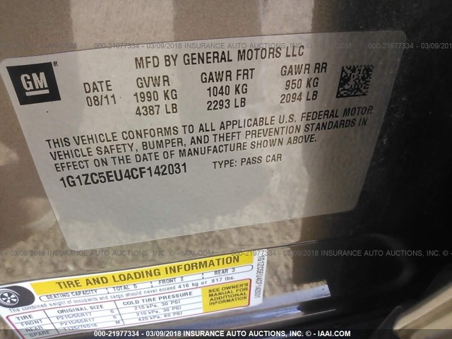 1G1ZC5EU4CF142031 - 2012 CHEVROLET MALIBU 1LT 棕色 照片 9