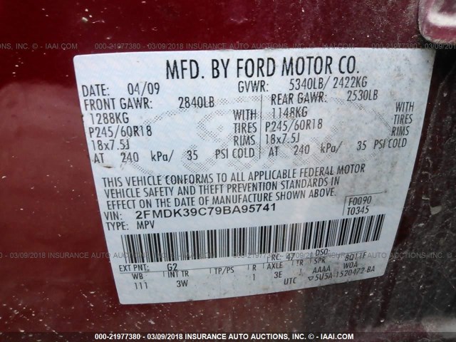 2FMDK39C79BA95741 - 2009 FORD EDGE LIMITED RED photo 9