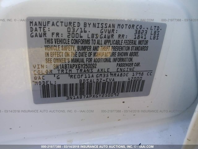 3N1AB7APXGY250092 - 2016 NISSAN SENTRA S/SV/SR/SL Ağ foto 9