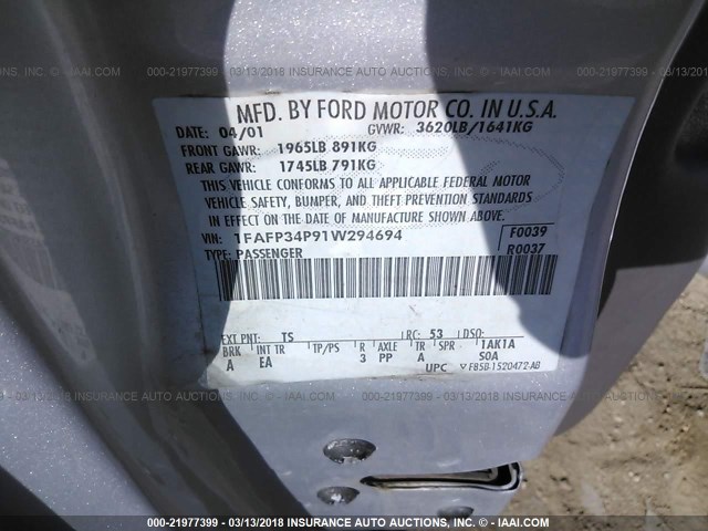 1FAFP34P91W294694 - 2001 FORD FOCUS SE/SE COMFORT SILVER photo 9