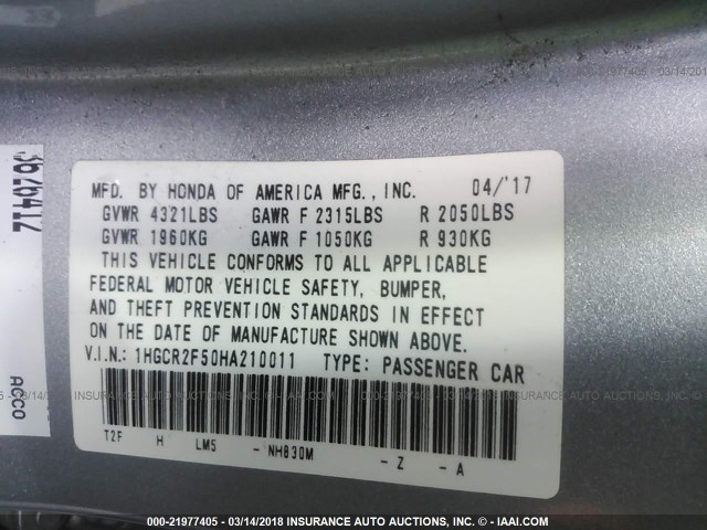 1HGCR2F50HA210011 - 2017 HONDA ACCORD SPORT ვერცხლისფერი ფოტო 9