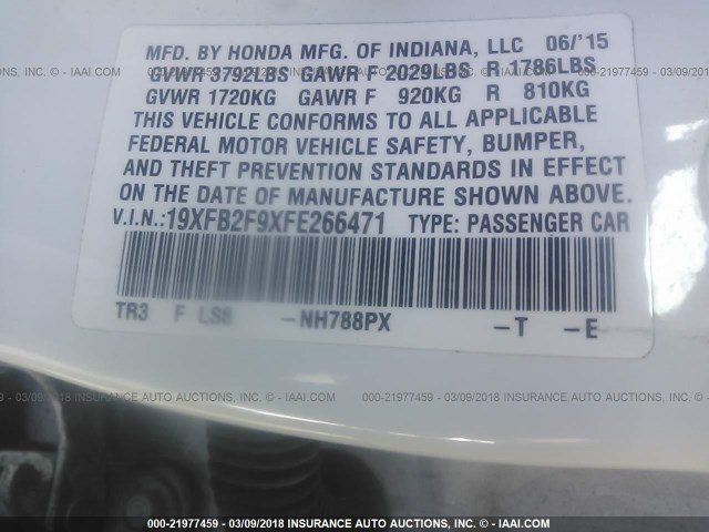 19XFB2F9XFE266471 - 2015 HONDA CIVIC EXL WHITE photo 9