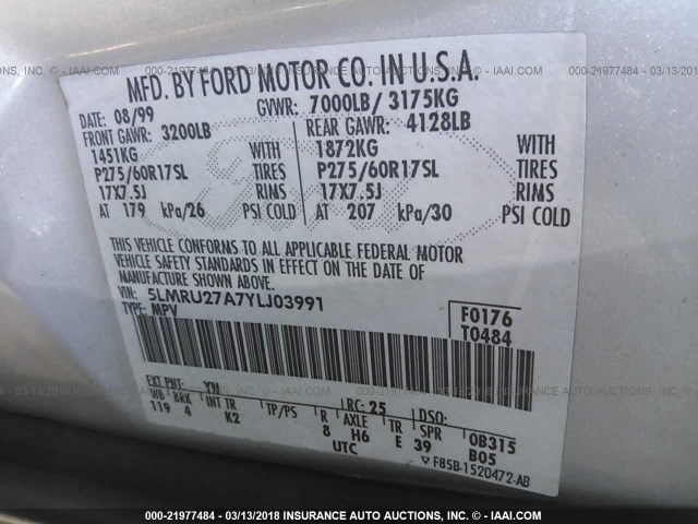 5LMRU27A7YLJ03991 - 2000 LINCOLN NAVIGATOR 银色 照片 9