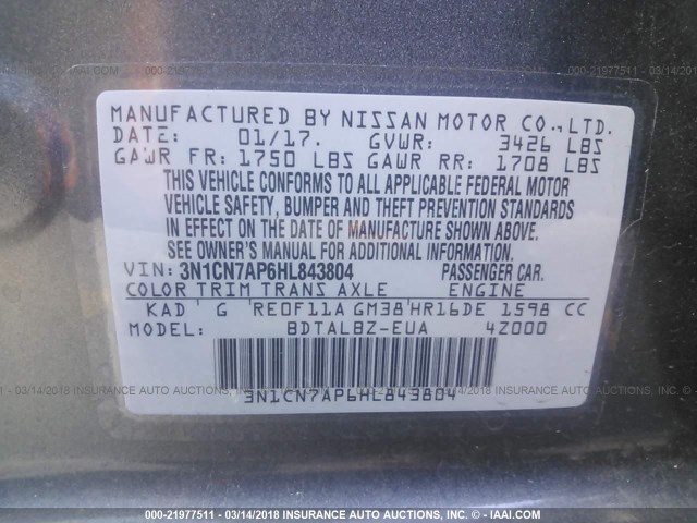 3N1CN7AP6HL843804 - 2017 NISSAN VERSA S/S PLUS/SV/SL GRAY photo 9