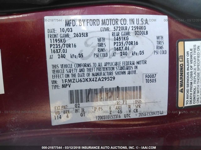 1FMZU63KX4ZA29529 - 2004 FORD EXPLORER XLT/XLT SPORT/NBX RED photo 9