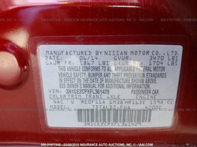 3N1CE2CPXFL361429 - 2015 NISSAN VERSA NOTE S/S PLUS/SV/SL/SR RED photo 9