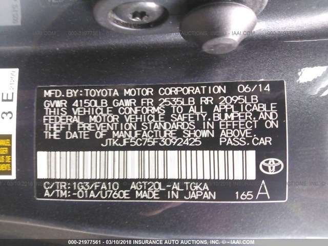 JTKJF5C75F3092425 - 2015 TOYOTA SCION TC 灰色 照片 9