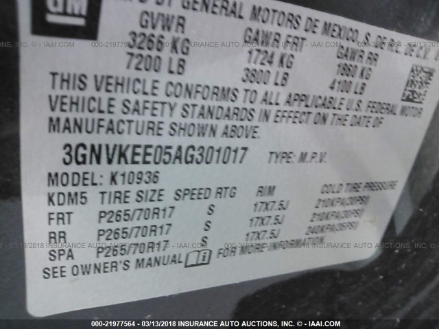 3GNVKEE05AG301017 - 2010 CHEVROLET AVALANCHE LS GRAY photo 9