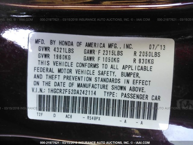 1HGCR2F52DA242114 - 2013 HONDA ACCORD SPORT 勃艮第红 照片 9