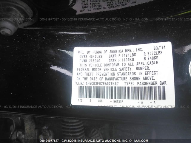 1HGCR3F82EA026457 - 2014 HONDA ACCORD EXL BLACK photo 9