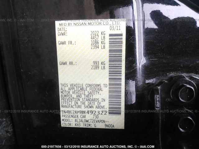 1N4BL2AP9BN492322 - 2011 NISSAN ALTIMA SR BLACK photo 9