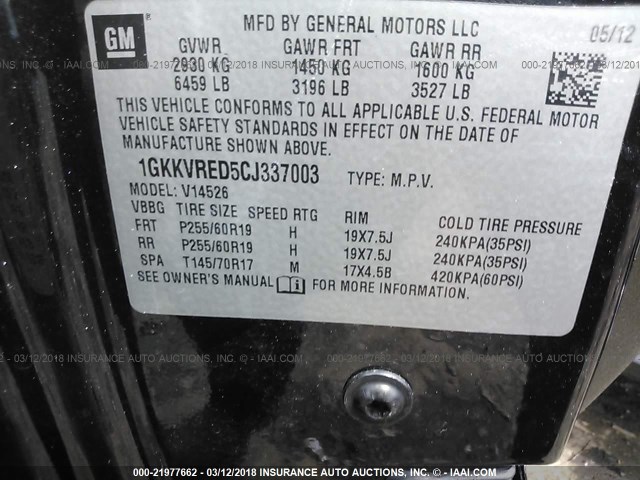 1GKKVRED5CJ337003 - 2012 GMC ACADIA SLT-1 Czarny zdjęcie 9