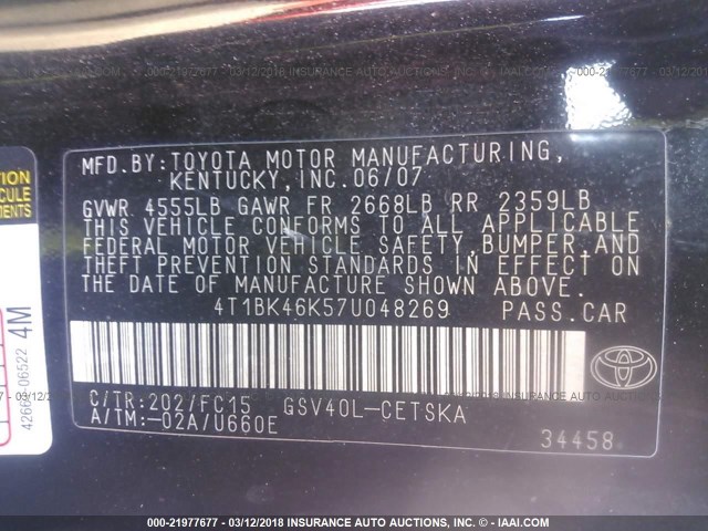 4T1BK46K57U048269 - 2007 TOYOTA CAMRY NEW GENERAT LE/XLE/SE BLACK photo 9