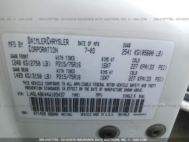 1J4GL48K44W103437 - 2004 JEEP LIBERTY SPORT 白色 照片 9