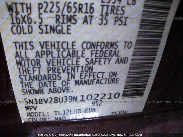 5N1BV28U39N102210 - 2009 NISSAN QUEST S/SE/SL MAROON photo 9