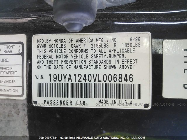 19UYA1240VL006846 - 1997 ACURA 2.2CL BLACK photo 9