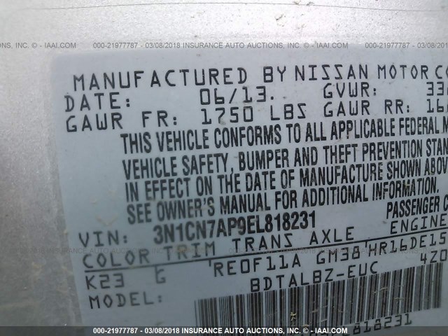 3N1CN7AP9EL818231 - 2014 NISSAN VERSA S/S PLUS/SV/SL SILVER photo 9