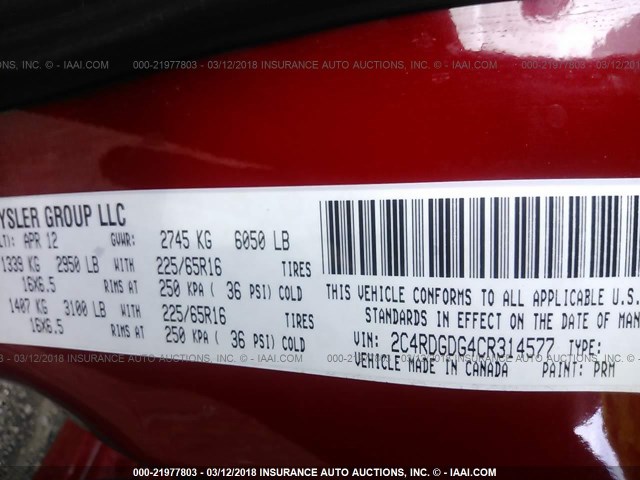 2C4RDGDG4CR314577 - 2012 DODGE GRAND CARAVAN CREW RED photo 9