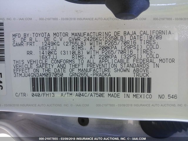 3TMJU4GN3AM097050 - 2010 TOYOTA TACOMA DOUBLE CAB PRERUNNER WHITE photo 9