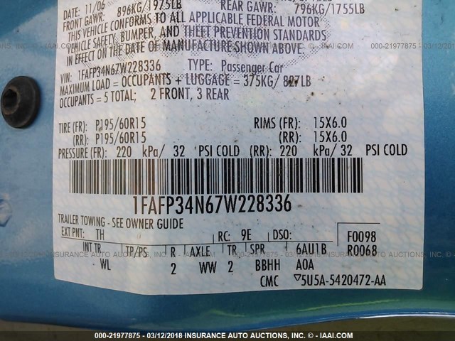 1FAFP34N67W228336 - 2007 FORD FOCUS ZX4/S/SE/SES BLUE photo 9