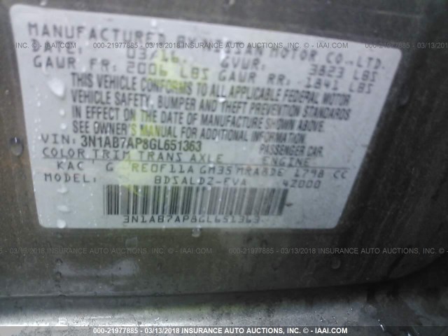 3N1AB7AP8GL651363 - 2016 NISSAN SENTRA S/SV/SR/SL GRAY photo 9