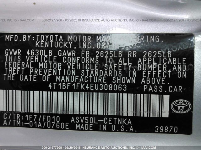 4T1BF1FK4EU308063 - 2014 TOYOTA CAMRY L/SE/LE/XLE SILVER photo 9