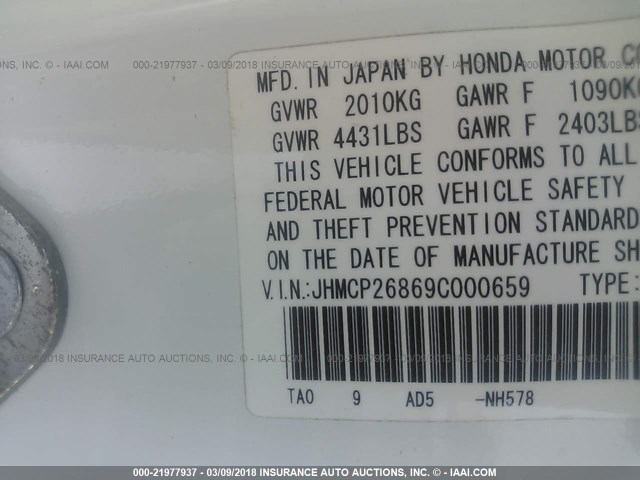 JHMCP26869C000659 - 2009 HONDA ACCORD EXL WHITE photo 9