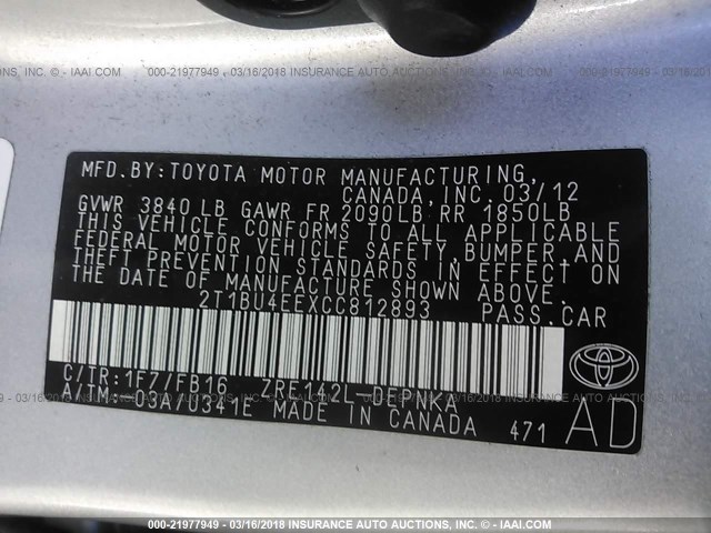 2T1BU4EEXCC812893 - 2012 TOYOTA COROLLA S/LE SILVER photo 9