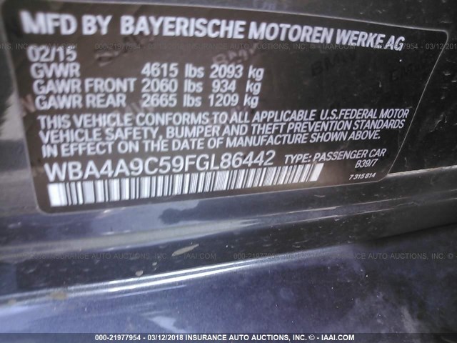 WBA4A9C59FGL86442 - 2015 BMW 428 I/GRAN COUPE/SULEV GRAY photo 9
