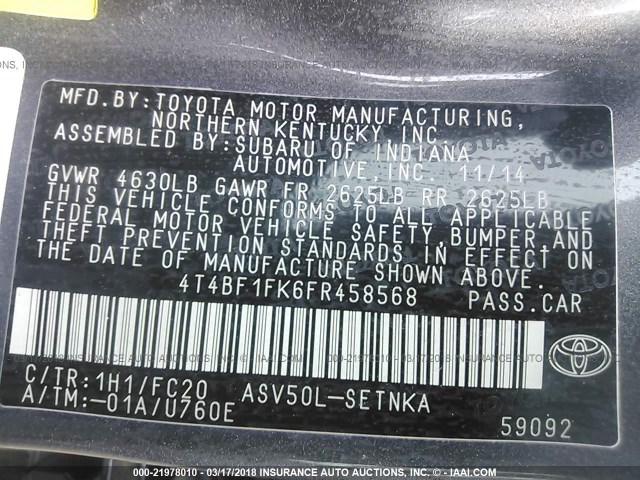 4T4BF1FK6FR458568 - 2015 TOYOTA CAMRY LE/XLE/SE/XSE Gris photo 9