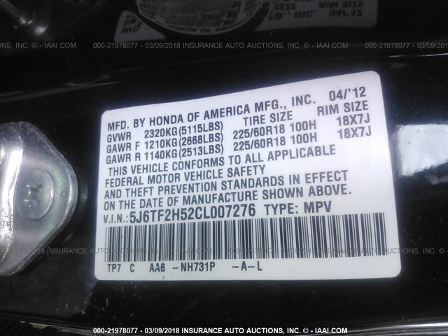 5J6TF2H52CL007276 - 2012 HONDA CROSSTOUR EXL შავი ფოტო 9