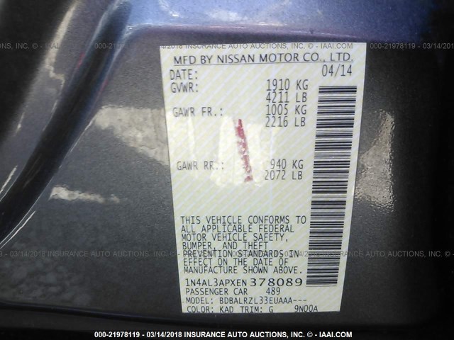 1N4AL3APXEN378089 - 2014 NISSAN ALTIMA 2.5/S/SV/SL SILVER photo 9