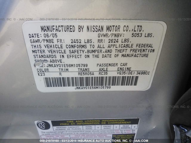 JNKAY01E56M105799 - 2006 INFINITI M35 SPORT GRAY photo 9