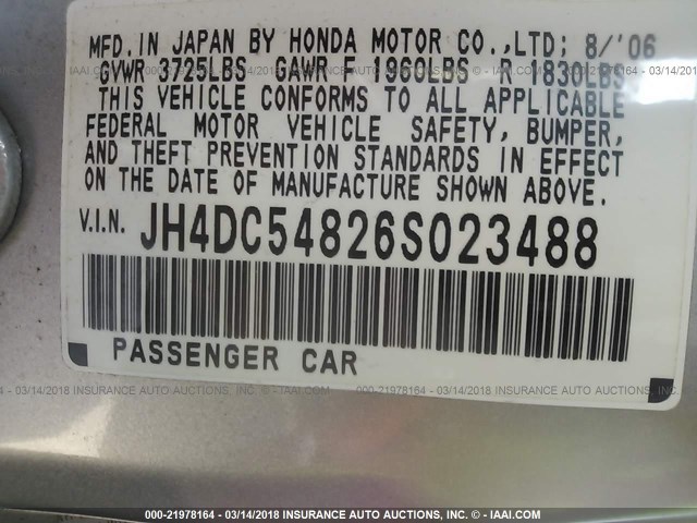JH4DC54826S023488 - 2006 ACURA RSX SILVER photo 9