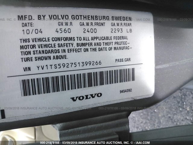 YV1TS592751399266 - 2005 VOLVO S80 2.5T SILVER photo 9