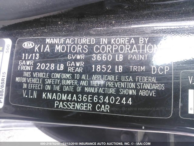 KNADM4A36E6340244 - 2014 KIA RIO LX BLACK photo 9