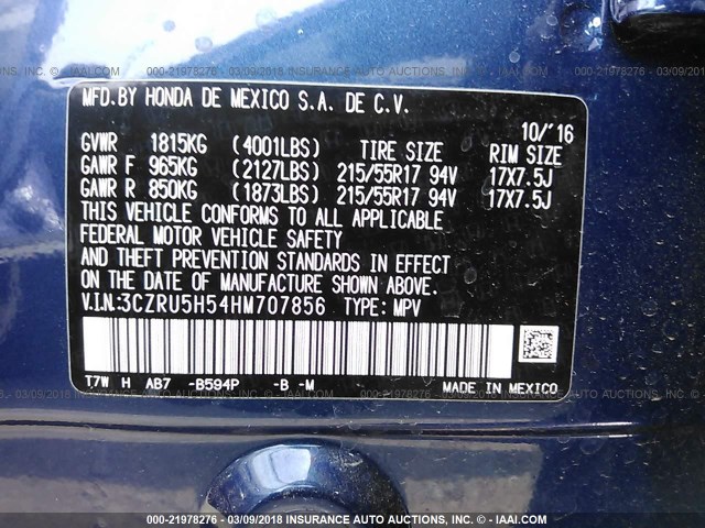 3CZRU5H54HM707856 - 2017 HONDA HR-V EX BLUE photo 9