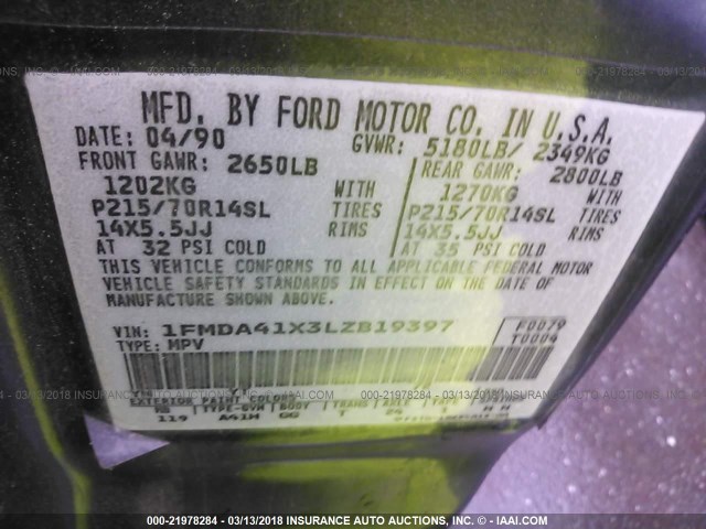 1FMDA41X3LZB19397 - 1990 FORD AEROSTAR GRAY photo 9