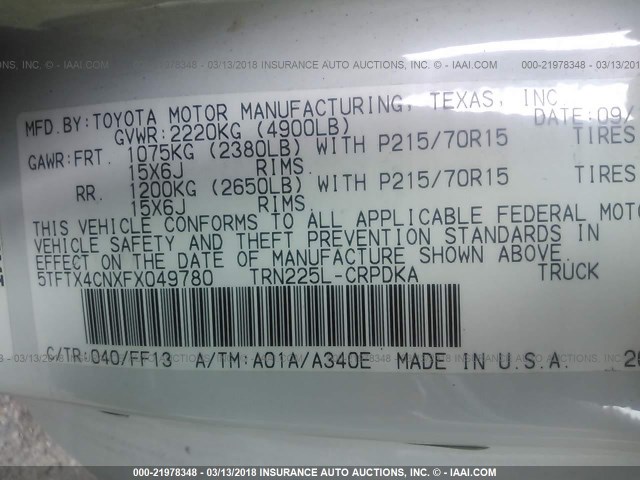 5TFTX4CNXFX049780 - 2015 TOYOTA TACOMA ACCESS CAB WHITE photo 9