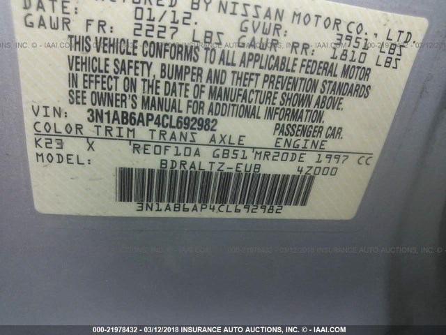 3N1AB6AP4CL692982 - 2012 NISSAN SENTRA 2.0/2.0S/SR/2.0SL SILVER photo 9