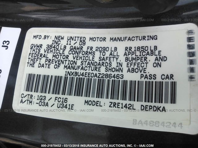 1NXBU4EE0AZ286463 - 2010 TOYOTA COROLLA S/LE/XLE GRAY photo 9